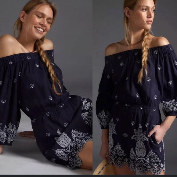 Farm Rio x Anthro Jackie Embroidered Linen Off-Shoulder Pineapple Navy Romper S - Picture 2 of 13